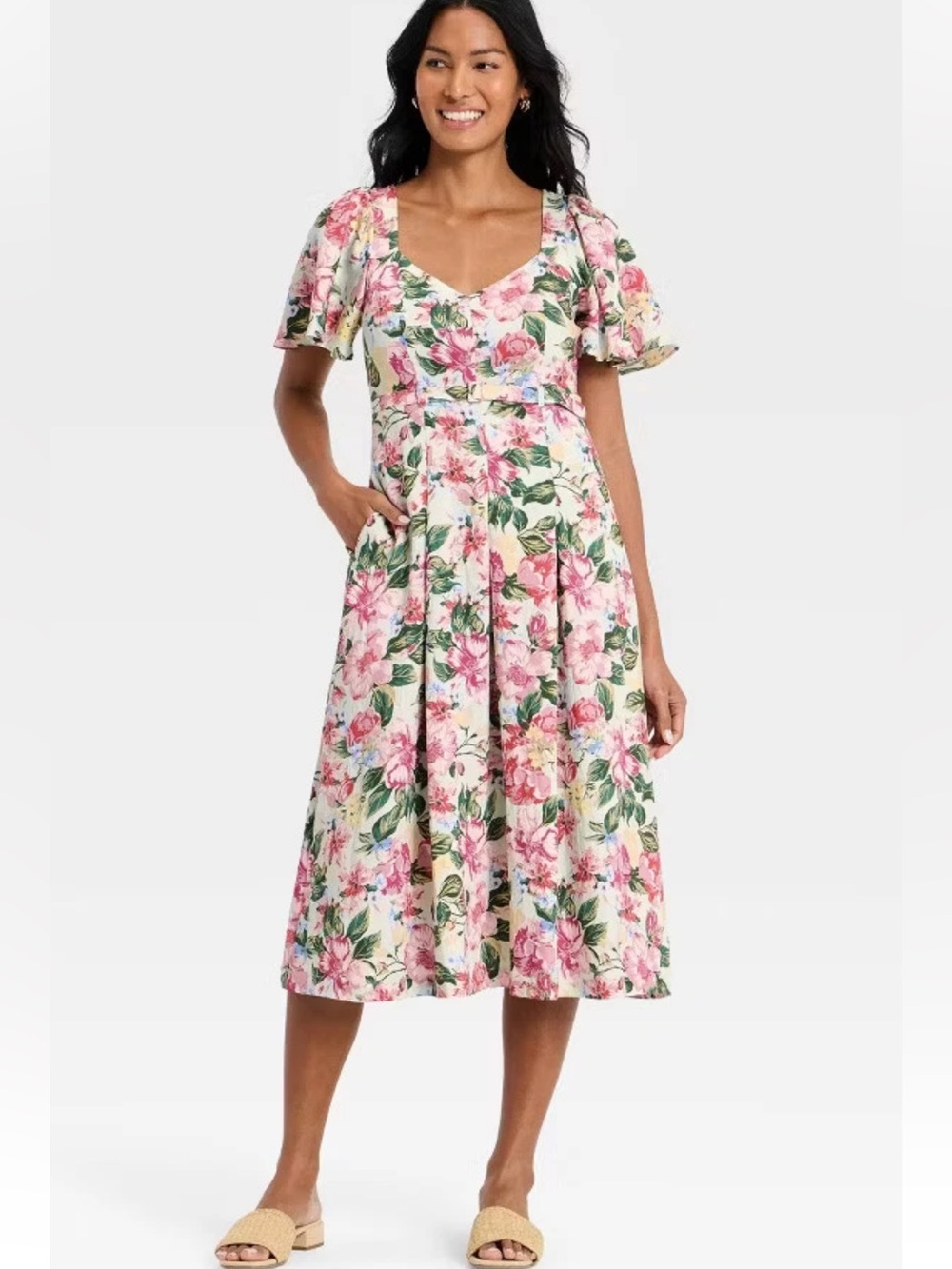 A New Day Floral ScoopV-Neck Belted Midi Dress Sz 4 NWOT
